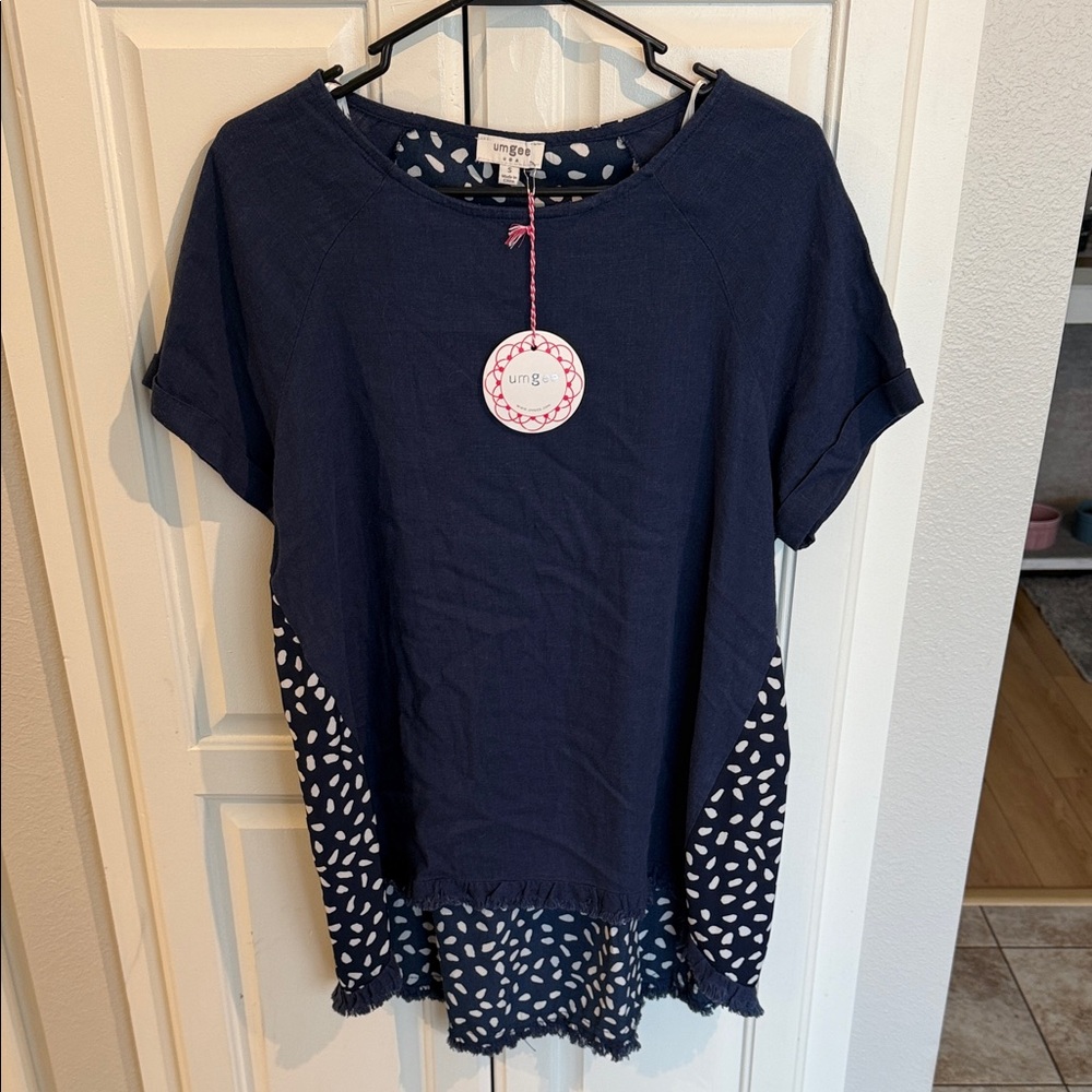 Umgee Navy Blue Short Sleeve Top with Patterned Detail (T2261) - Picture 5 of 8